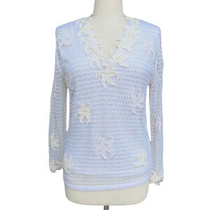AMEN WARDY Women’s Size S White Crochet Sea Star V-neck Long Sleeve Blouse ITALY